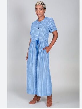 APiece Apart Ensanada seersucker Striped Blue Drawstring Jumpsuit, Size S